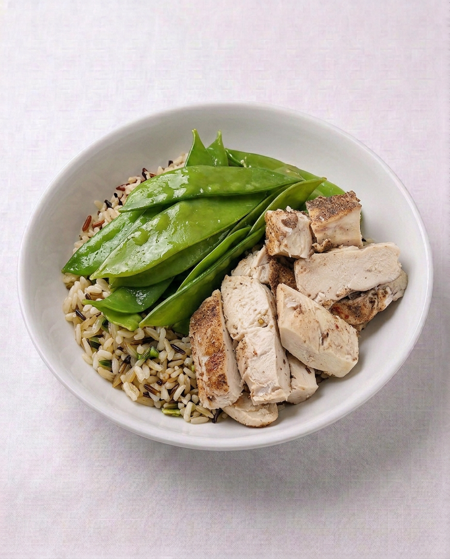 Chefology jerk chicken with wild rice and steamed snow peas