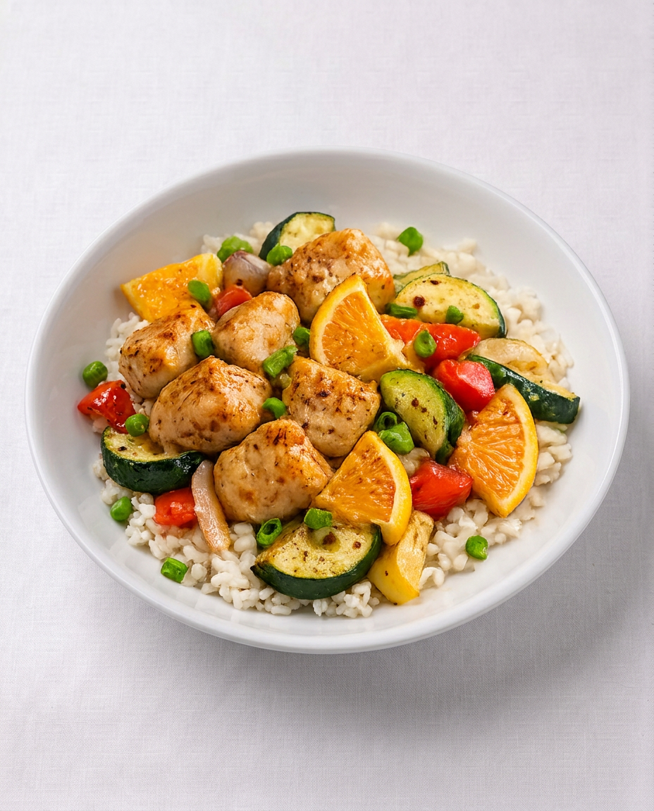 Chefology orange chicken with jasmine rice and vegetable medley