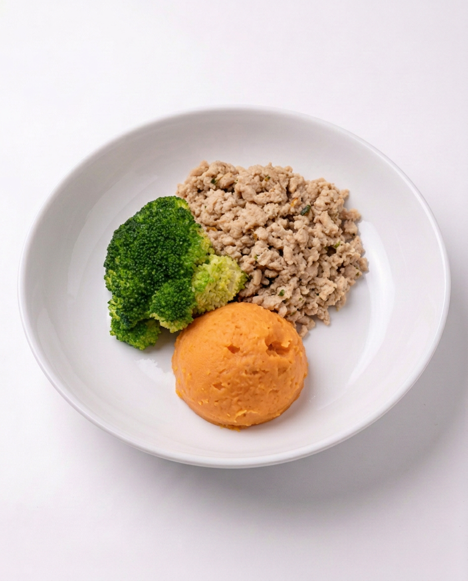 Chefology ground turkey with sweet potato mash and steamed broccoli