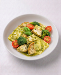 Chefology cheese ravioli with chicken basil pesto, broccoli and tomatoes
