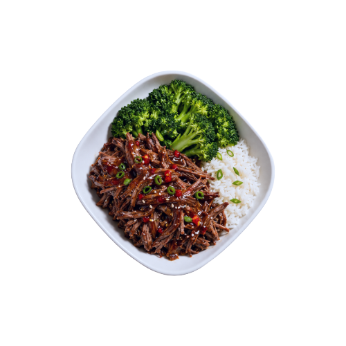Sweet Chili Shredded Beef over Jasmine Rice and Broccoli