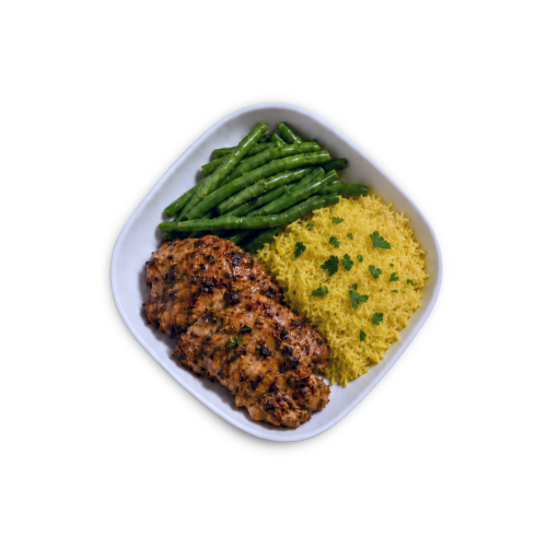 Marinated Chicken Thighs with Yellow Saffron Rice and Green Beans