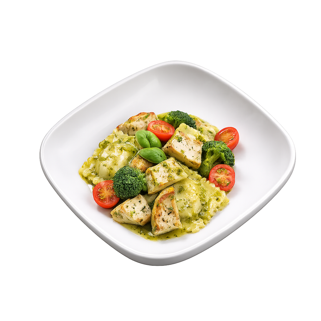 Cheese Ravioli with Chicken Basil Pesto, Broccoli and Tomatoes