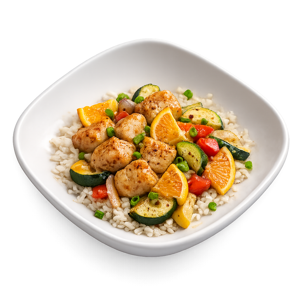 Orange Chicken with Jasmine Rice and Vegetable Medley