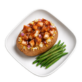 Loaded Baked Potato with BBQ Chicken, Red Onion, BBQ Sauce and Cheese with a Side of Green Beans