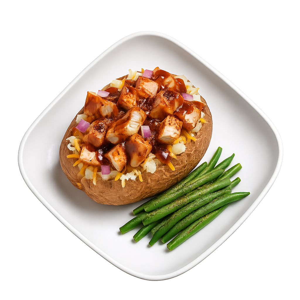 Loaded Baked Potato with BBQ Chicken, Red Onion, BBQ Sauce and Cheese with a Side of Green Beans
