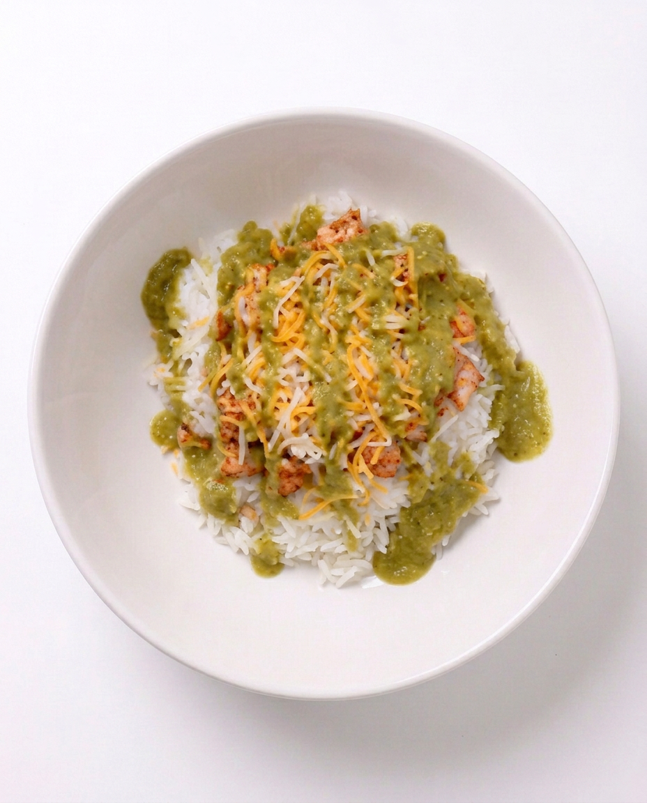 Chefology chicken taco bowl with house made salsa verde over rice