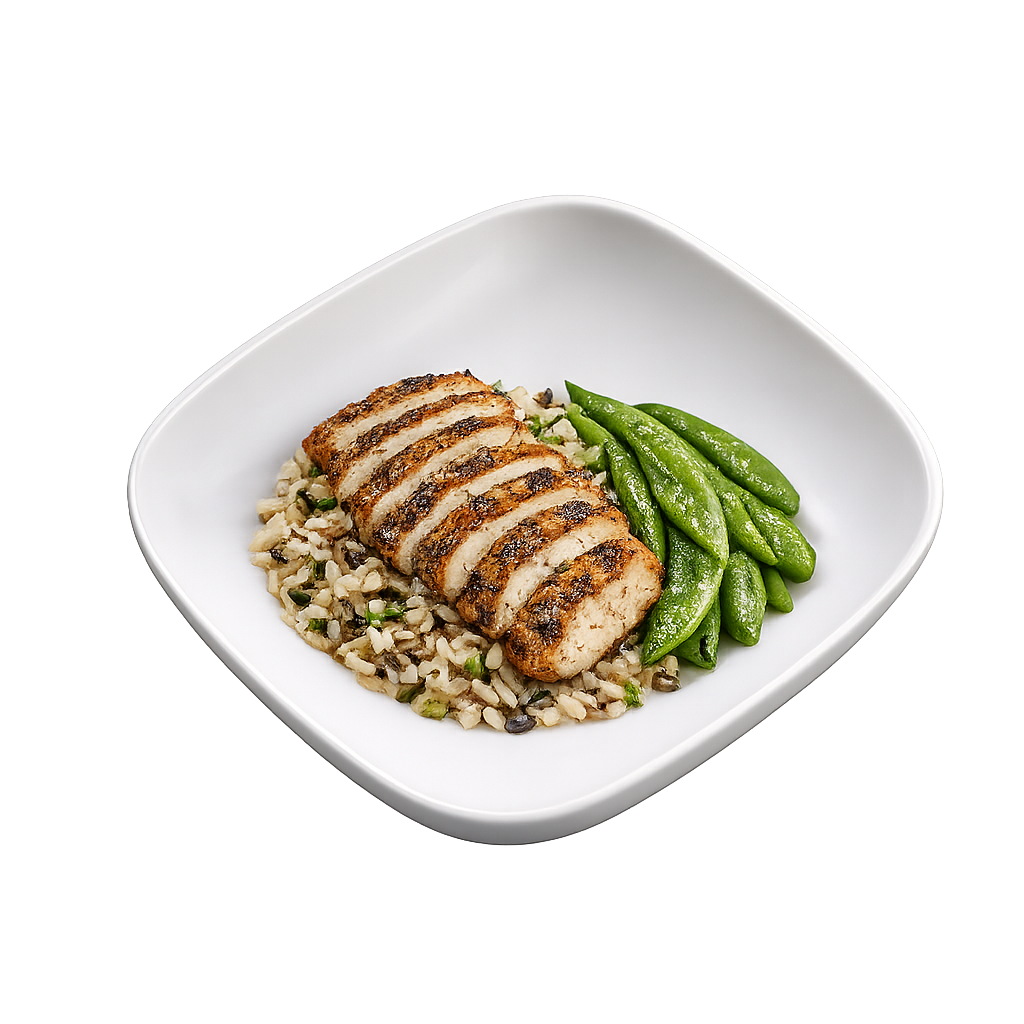 Jerk Chicken with Wild Rice and Steamed Snow Peas
